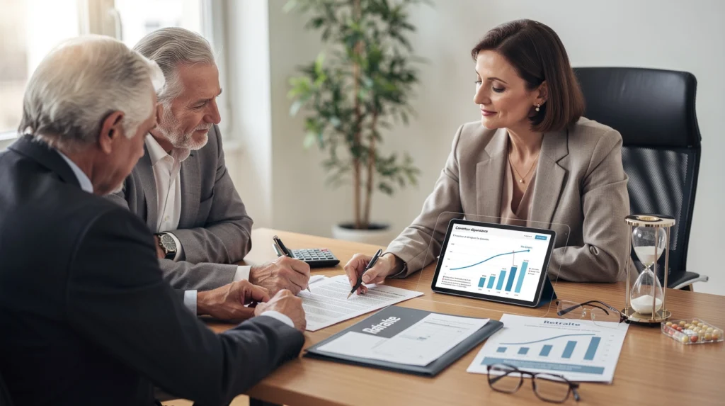 une femme discute avec deux hommes âgés de la retraite