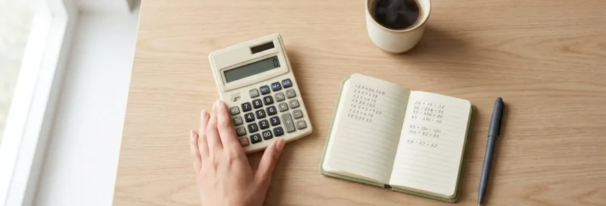 Une main tenant une calculette sur une table en bois, avec un carnet de notes et une tasse de café, symbolisant la planification financière.