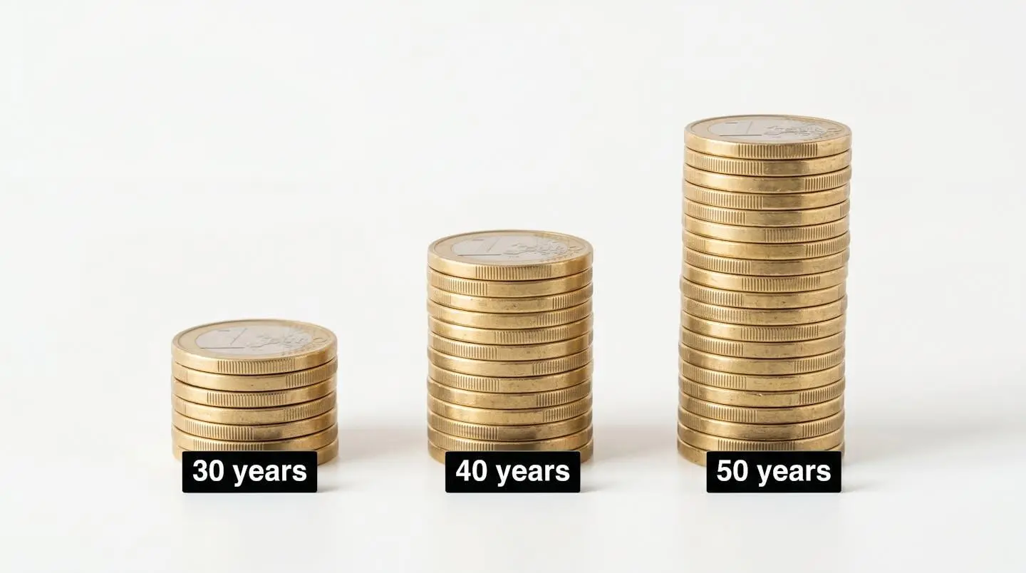 Trois piles de pièces de hauteurs croissantes, étiquetées 30 ans, 40 ans et 50 ans, illustrant l'effort d'épargne selon l'âge.