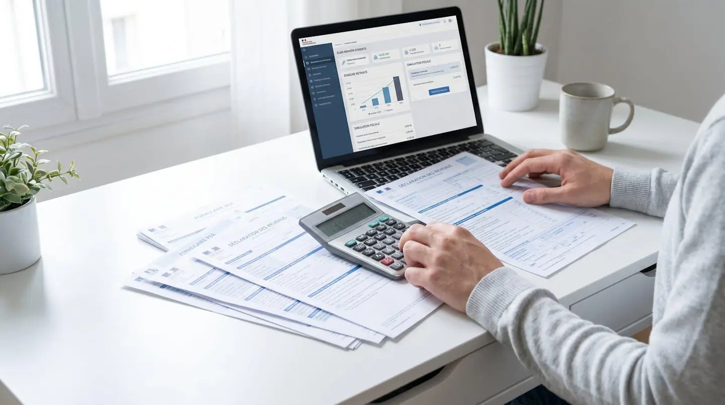 Bureau contemporain avec documents fiscaux, calculatrice et ordinateur portable pour optimisation fiscale PER