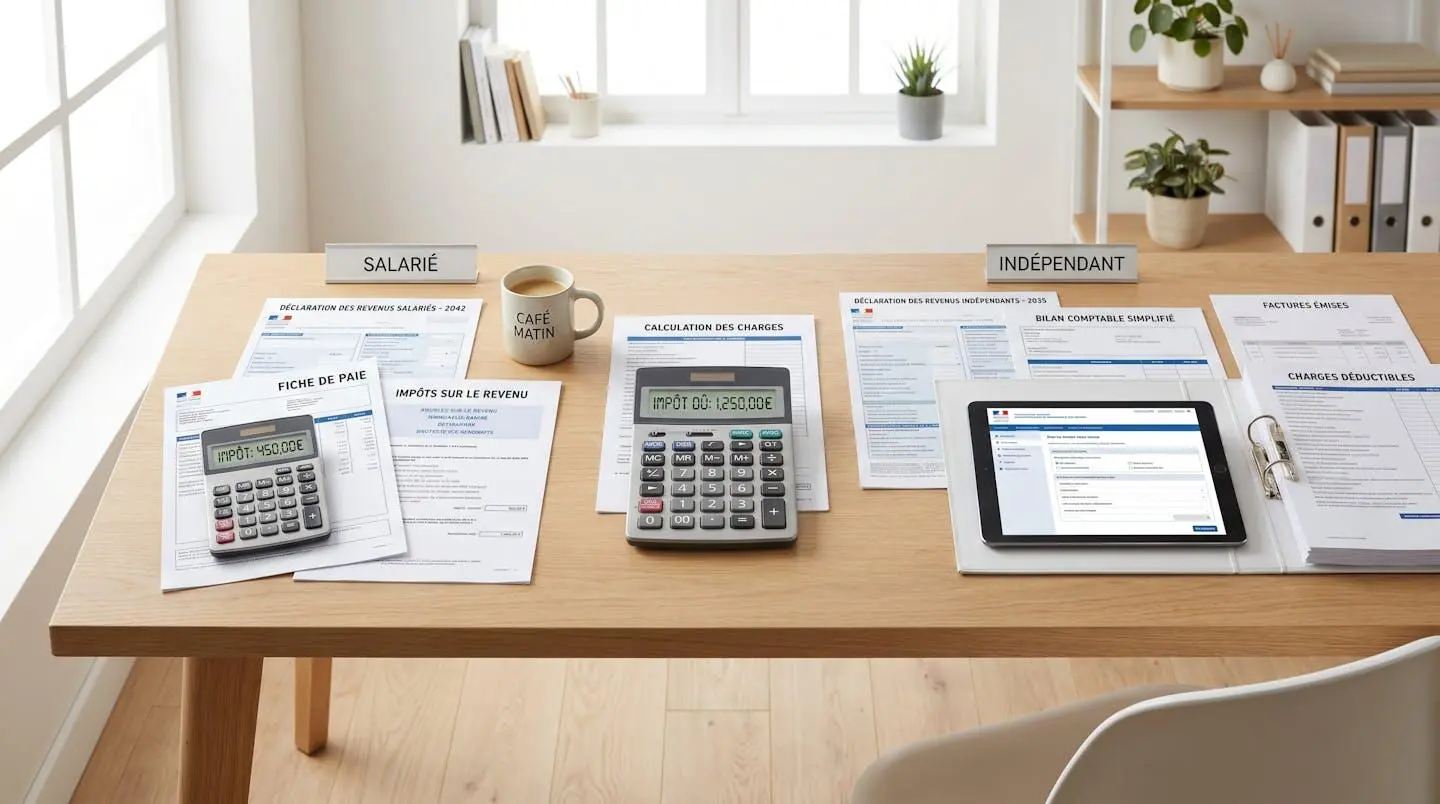 Formulaires fiscaux différenciés pour salariés et travailleurs indépendants avec calculatrices sur bureau professionnel