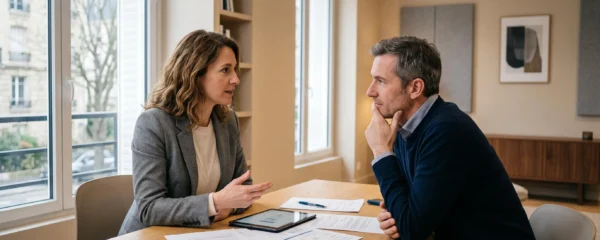 Financial advisor and client discussing retirement planning during a consultation in a modern office