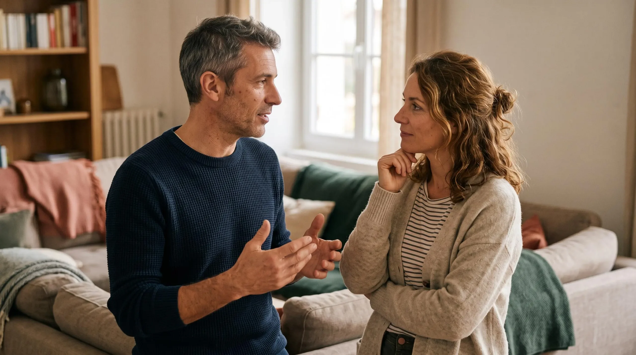 Couple in their forties having a serious financial discussion at home in their living room