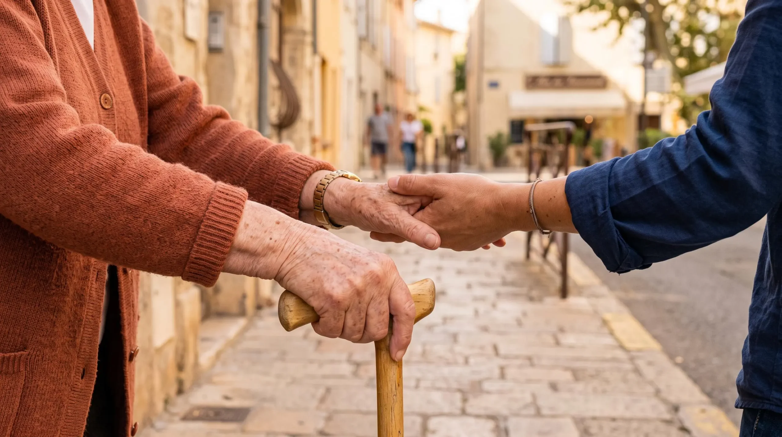 Gros plan sur la main d'une personne âgée appuyée sur une canne, soutenue par le bras d'un accompagnant.