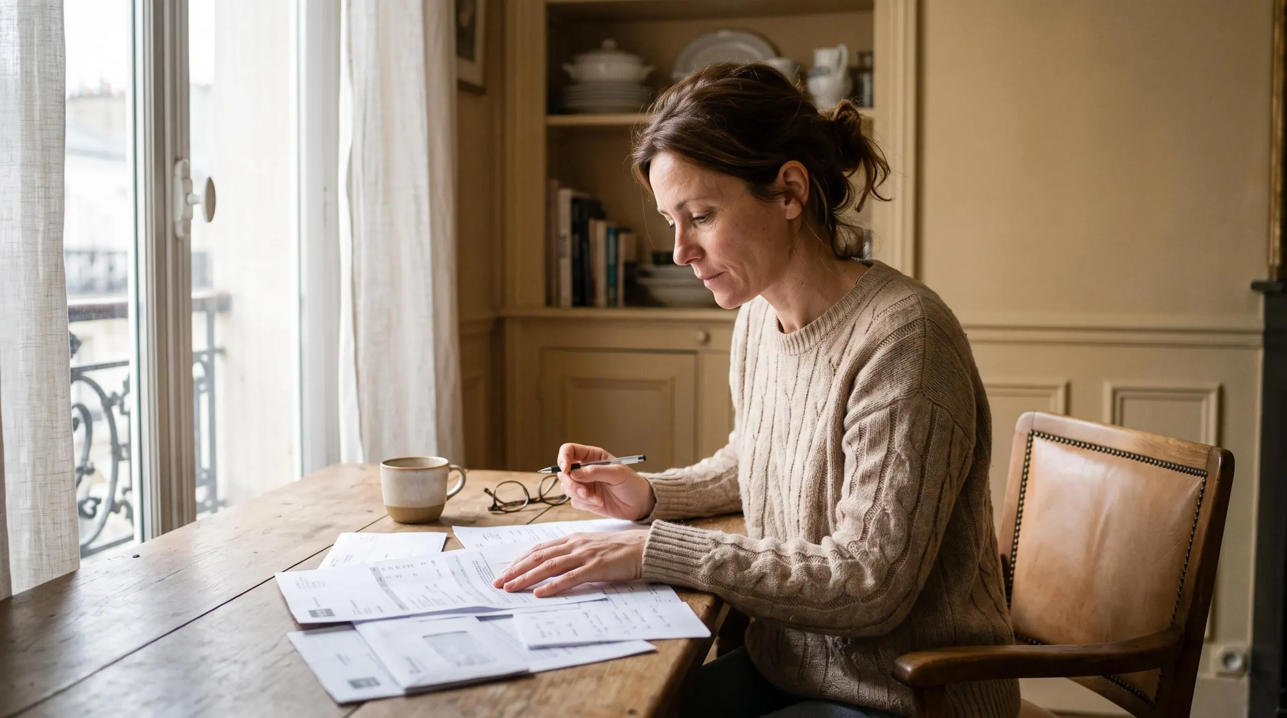 Person in their forties reviewing financial documents at home dining table in natural light