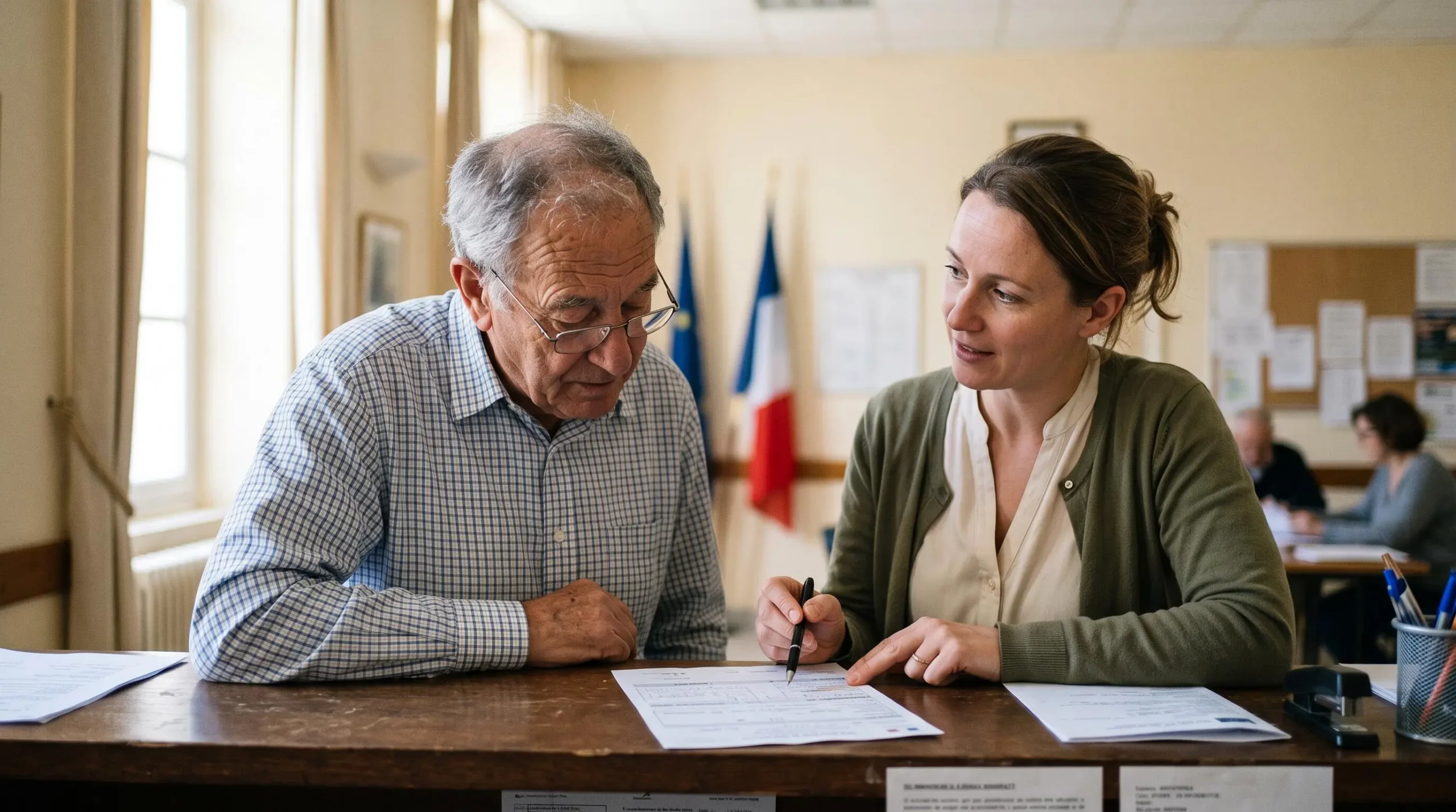 Un senior étant aidé par un agent d'accueil pour remplir un formulaire administratif dans une mairie de quartier.