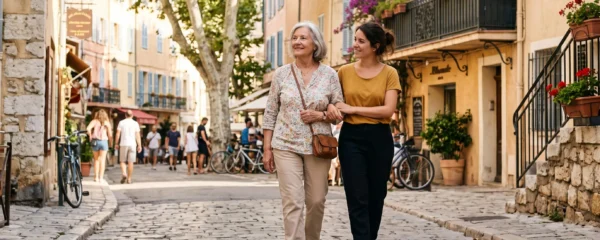 Une femme âgée marchant dans une rue ensoleillée de Marseille, accompagnée par une personne qui la soutient par le bras.