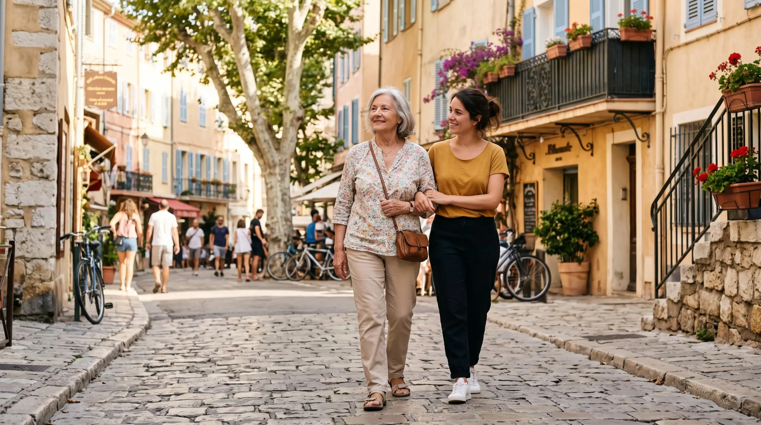 Une femme âgée marchant dans une rue ensoleillée de Marseille, accompagnée par une personne qui la soutient par le bras.